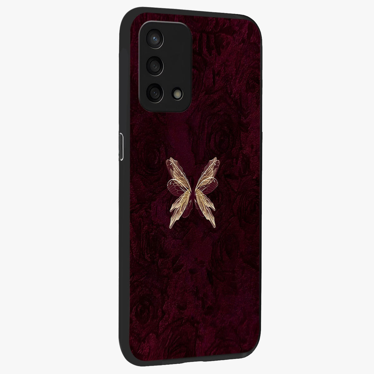 Crimson Fade Butterfly Glass Case upright view showcasing graceful butterfly artwork with soft crimson fade effect.
