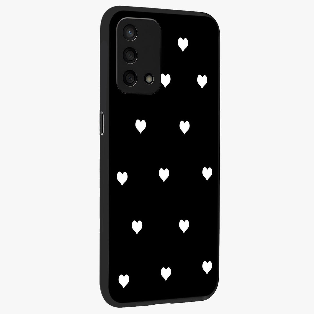 Cute And Simple White Hearts Glass Case upright view showcasing simple white hearts artwork with soft minimal theme.