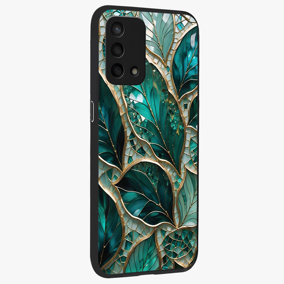Emerald Leaf Glass Glass Case upright view showcasing fresh green leaf artwork with calming nature inspired style.