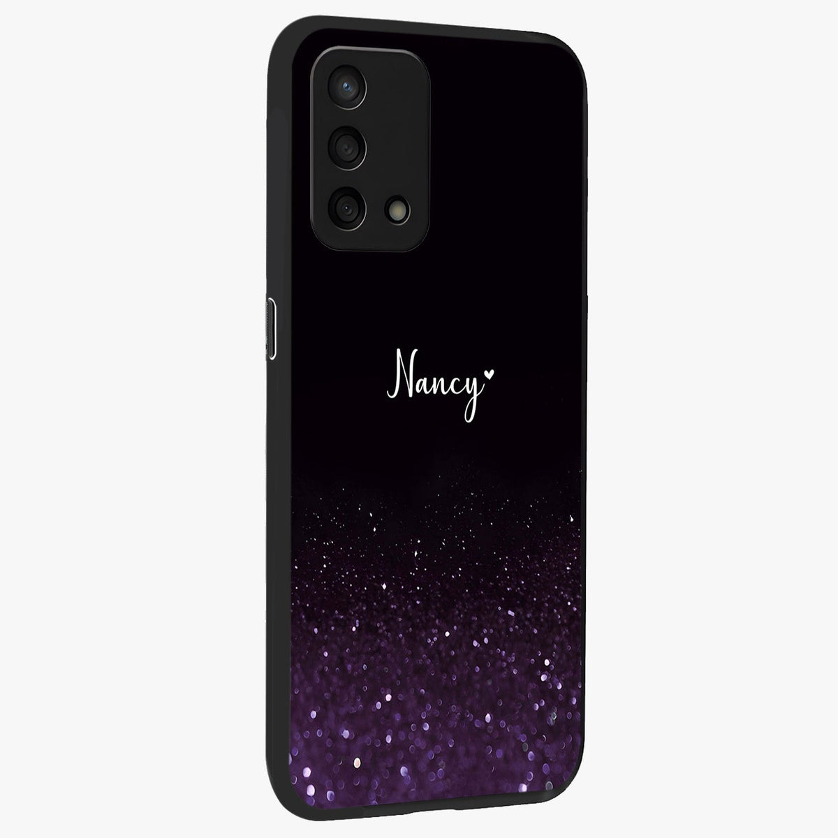 Glittery Purple Bokeh Custom Name Glass Case upright view showcasing vibrant purple sparkle artwork with personalized aesthetic style.