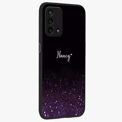 Glittery Purple Bokeh Custom Name Glass Case upright view showcasing vibrant purple sparkle artwork with personalized aesthetic style.