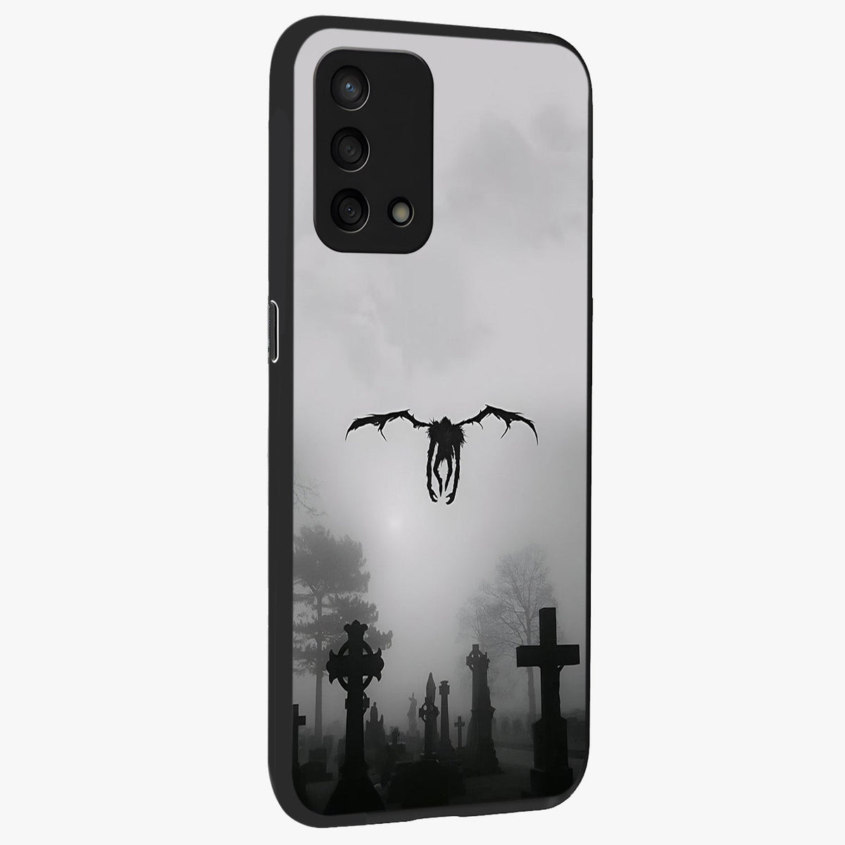 Graveyard Shadow Descent Glass Case upright view showcasing haunting graveyard artwork with dramatic dark theme.