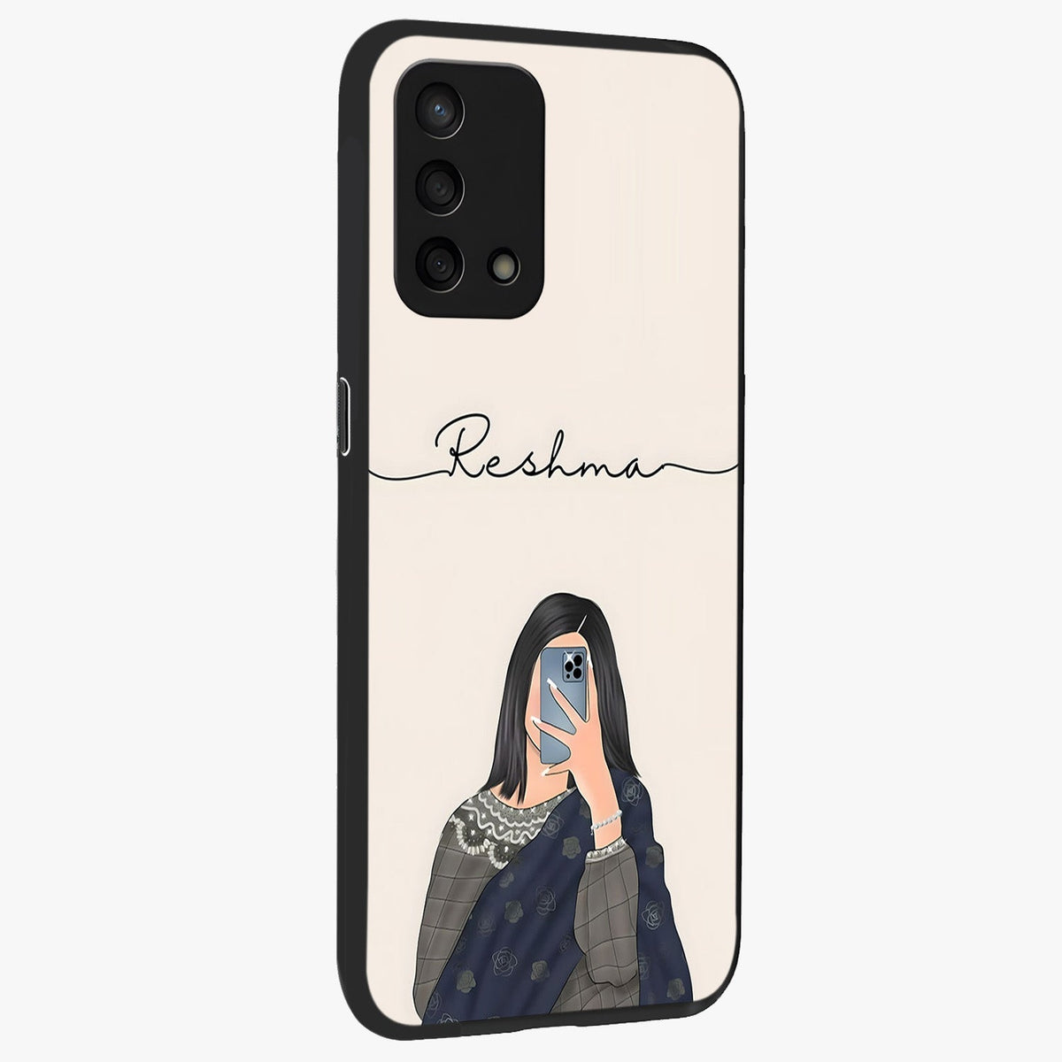 Mirror Mood Muse With Custom Name Glass Case upright view showcasing artistic mirror themed artwork with personalized aesthetic.