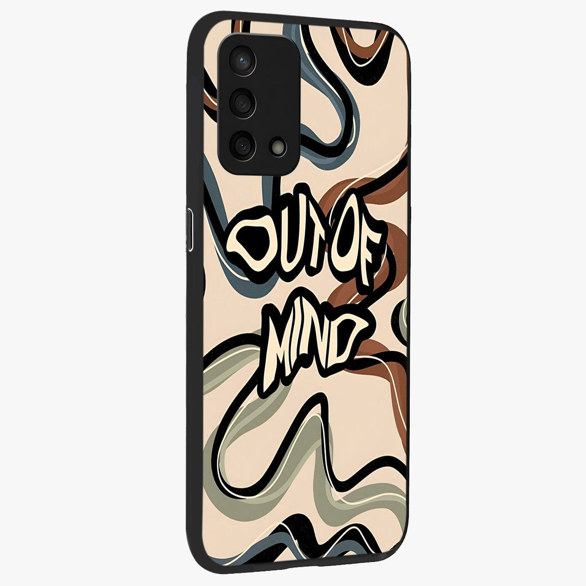Out Of Mind Glass Case upright view showcasing striking typography artwork with edgy conceptual theme.