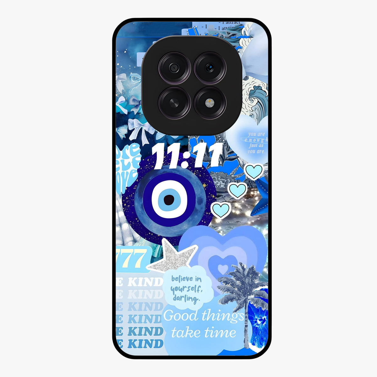 Aesthetic Be Kind Eye Glass Case showing flat back view with motivational eye artwork and glossy glass finish.