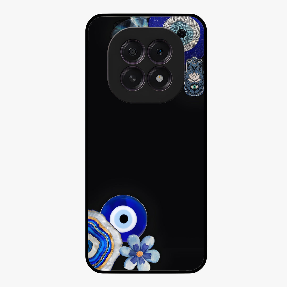Aesthetic Blue Evil Eye Glass Case showing flat back view with protective evil eye artwork and glossy glass finish.