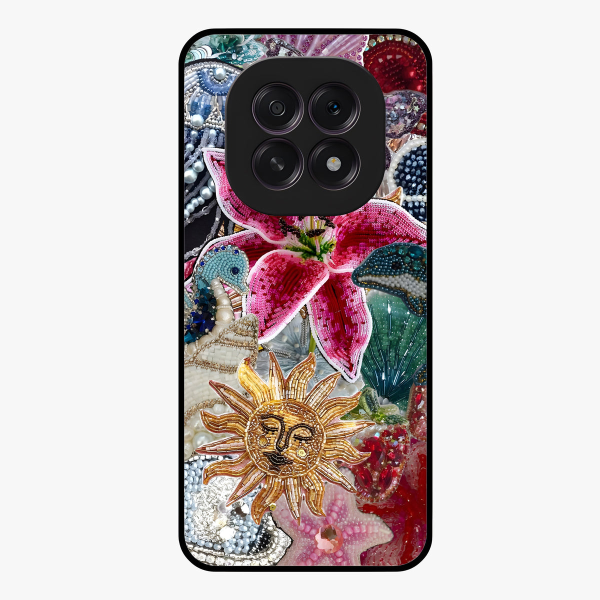 Beaded Garden Fantasy Glass Case showing flat back view with dreamy garden bead artwork and glossy glass finish.