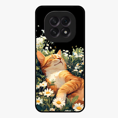 Blissful Bloom Cat Glass Case showing flat back view with cute cat and floral bloom artwork and glossy glass finish.