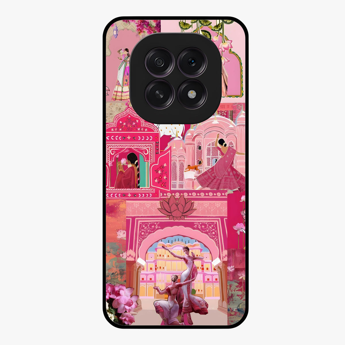 Blossoms of Rajasthan Glass Case showing flat back view with traditional floral artwork inspired by Rajasthan and glossy glass finish.