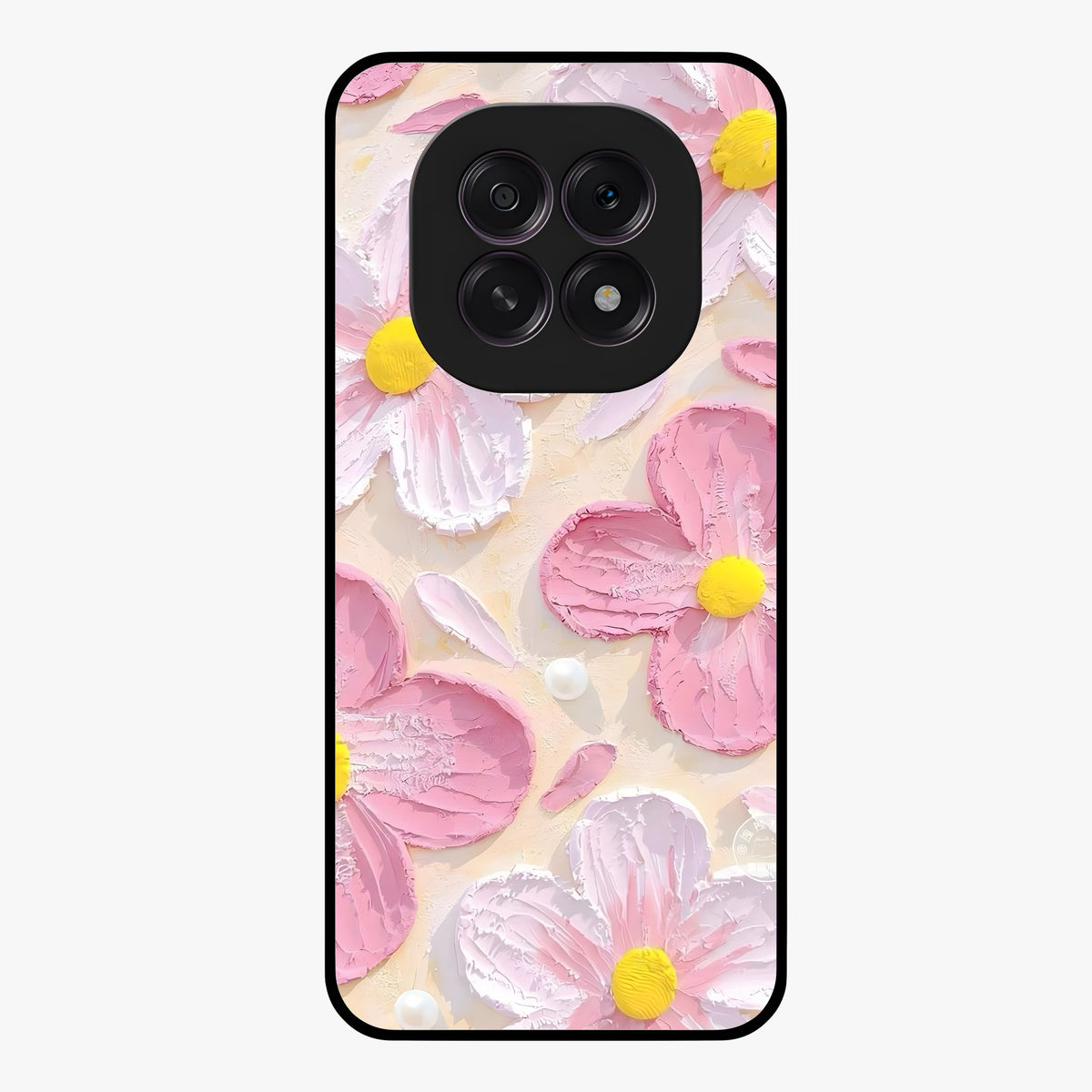 Blush Bloom Texture Glass Case showing flat back view with soft blush floral texture artwork and glossy glass finish.