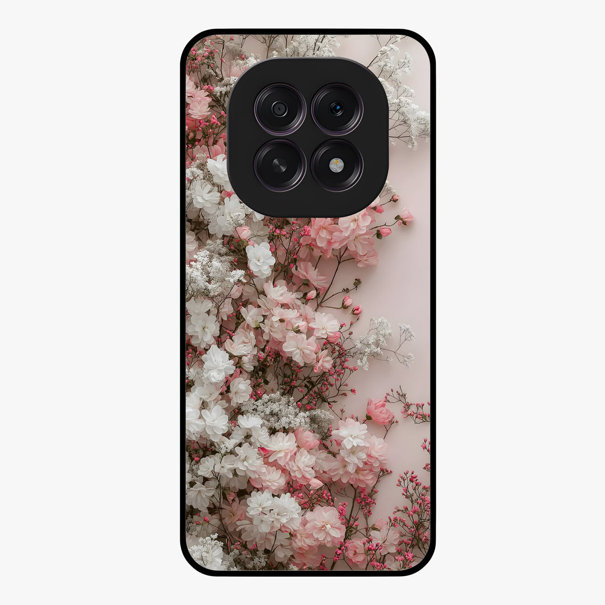 Blush Blossom Cloud Glass Case showing flat back view with dreamy blush cloud blossom artwork and glossy glass finish.