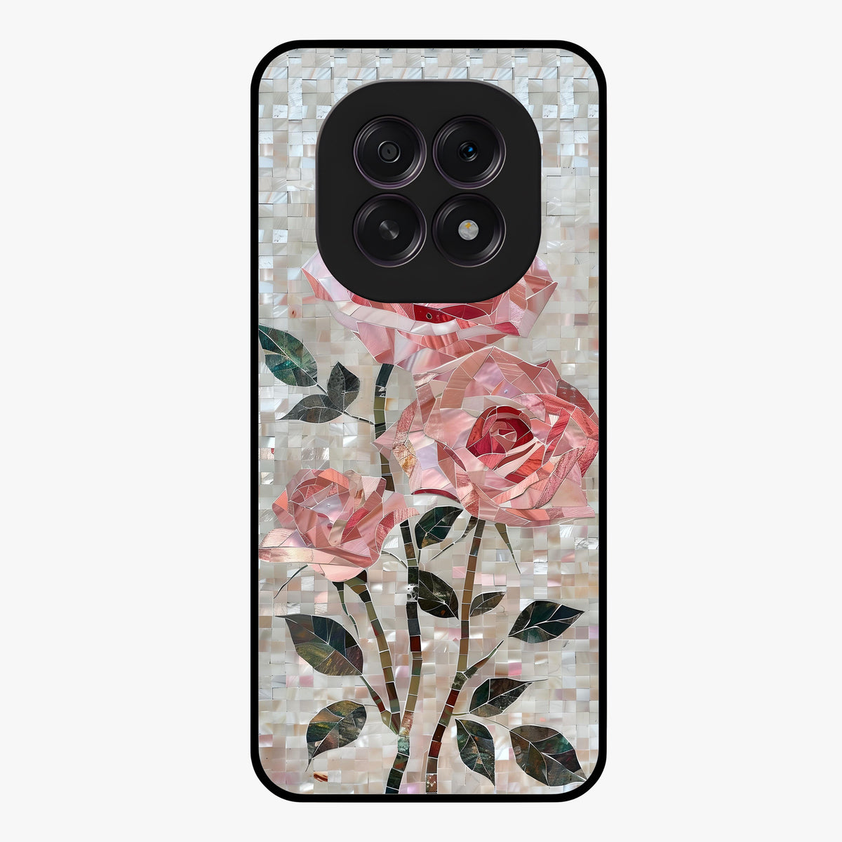 Blush Mosaic Bloom Glass Case showing flat back view with mosaic floral bloom artwork and glossy glass finish.
