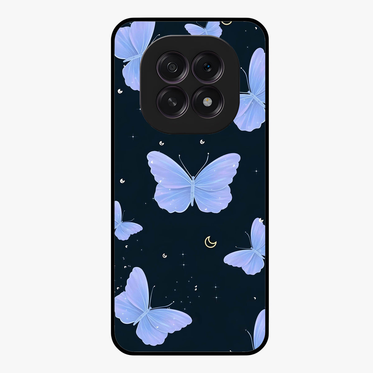 Butterfly With Stars Pattern Glass Case showing flat back view with butterfly and star pattern artwork and glossy glass finish.