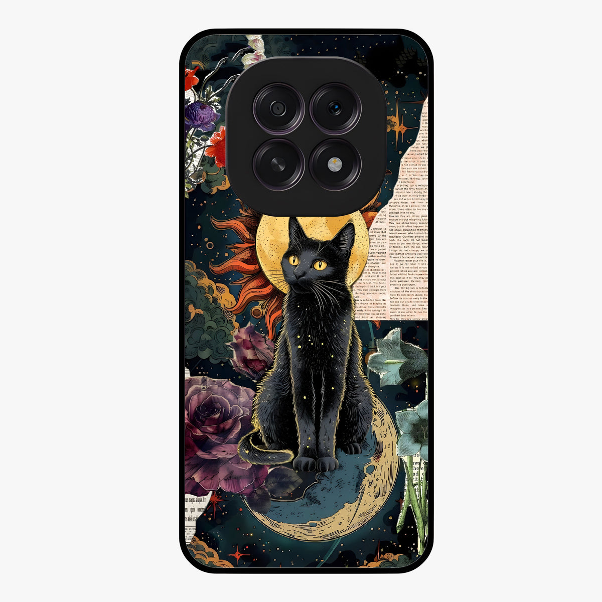 Celestial Black Cat Glass Case showing flat back view with mystical black cat artwork and glossy glass finish.