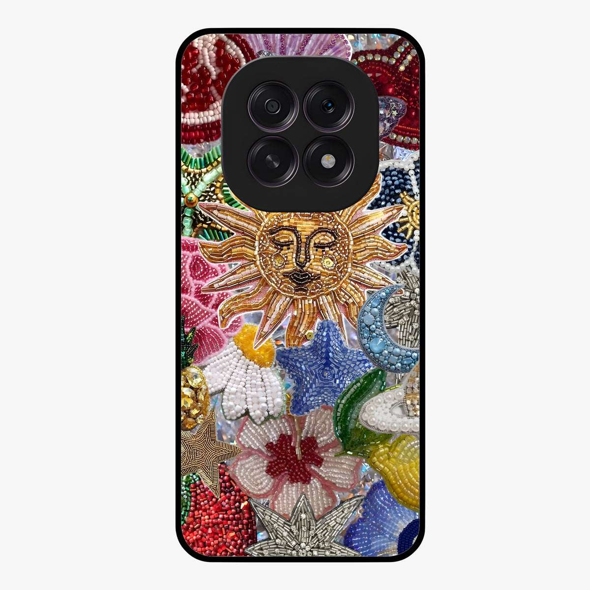 Celestial Floral and Playful Glass Case showing flat back view with floral and celestial themed artwork and glossy glass finish.