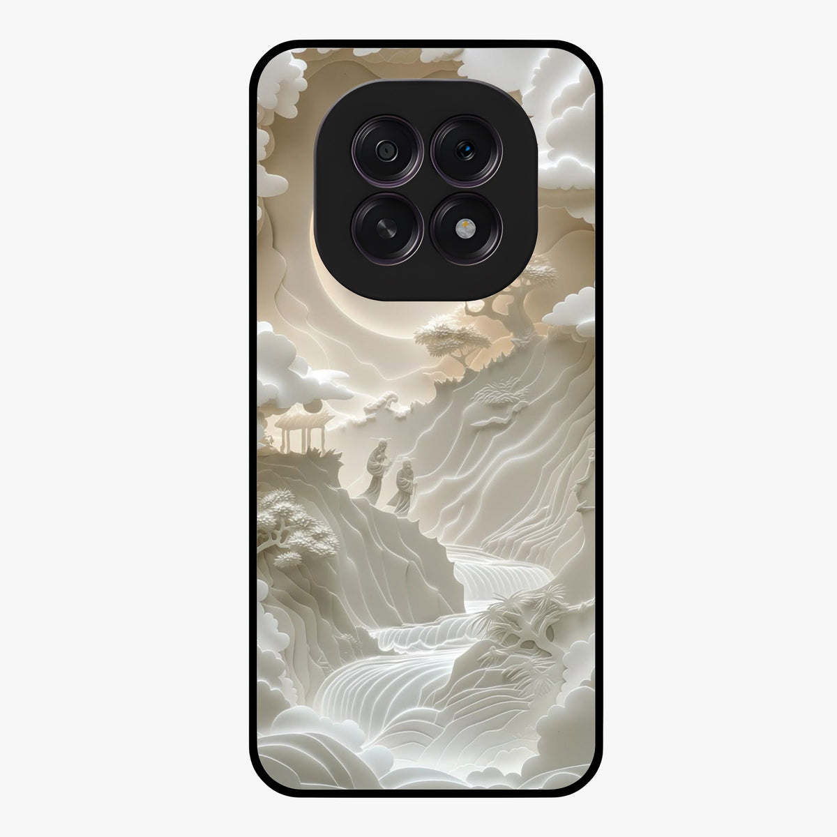Celestial Origami Glass Case showing flat back view with artistic origami inspired celestial artwork and glossy glass finish.