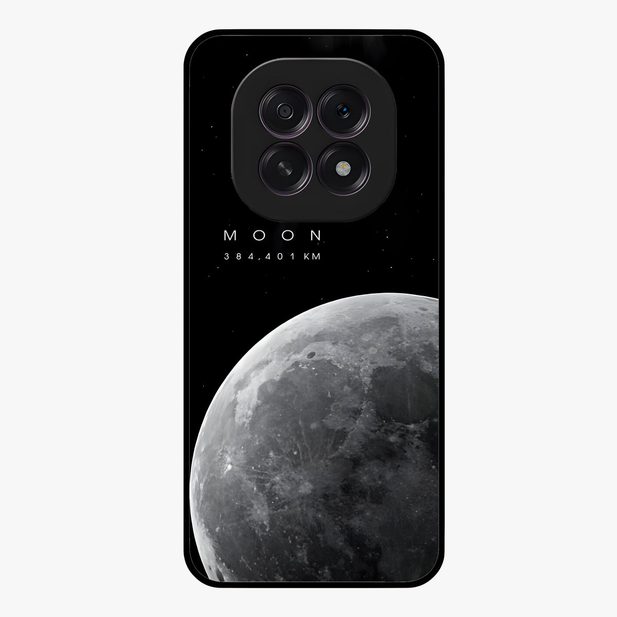 Cosmic Moon Glow Glass Case showing flat back view with glowing moon artwork and glossy glass finish.