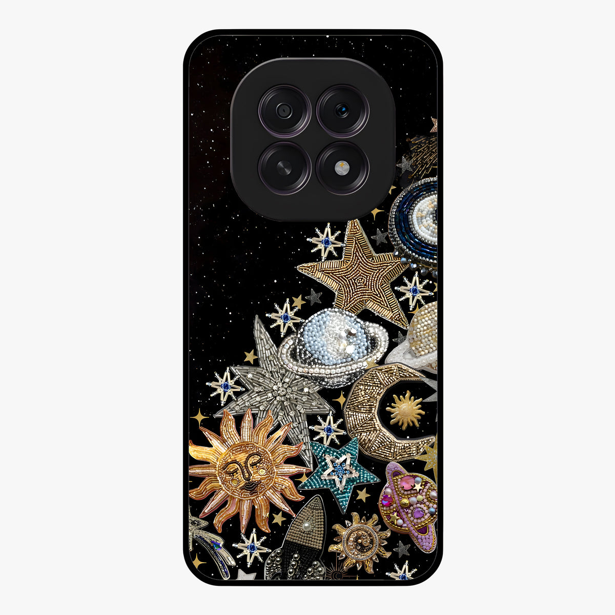 Cosmic Sparkle Dreams Glass Case showing flat back view with sparkling cosmic artwork and glossy glass finish.