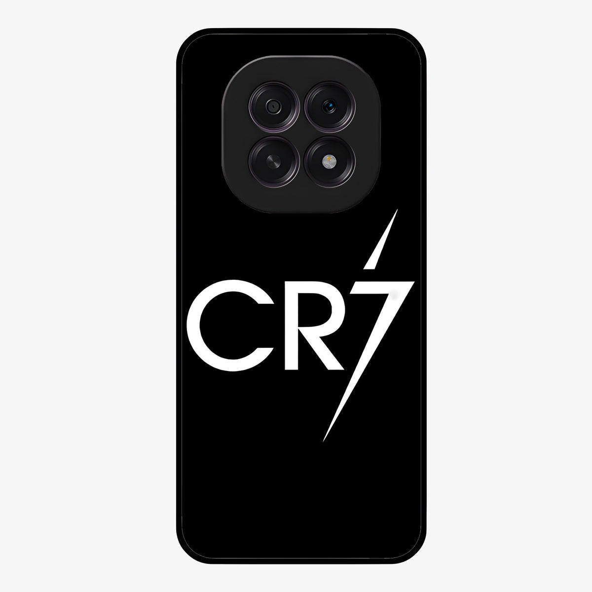 Cr7 Elite Strike Glass Case showing flat back view with dynamic football inspired artwork and glossy glass finish.
