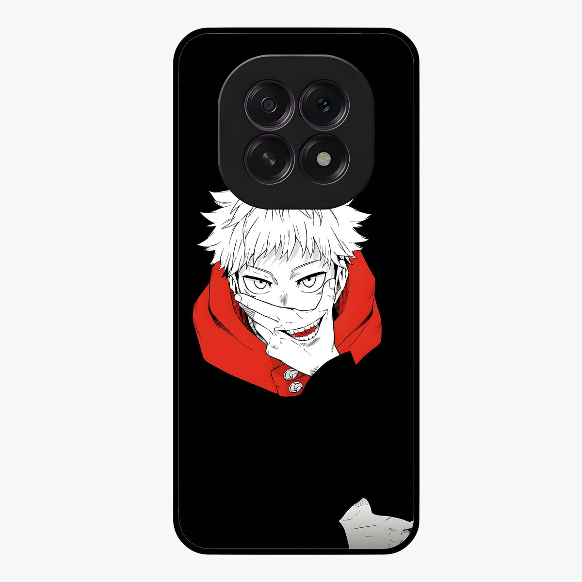 Crimson Chaos Smile Glass Case showing flat back view with bold chaotic smile artwork and glossy glass finish.