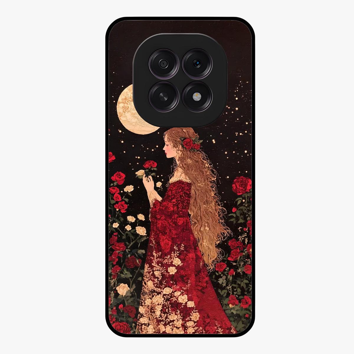Crimson Dreams Glass Case showing flat back view with dreamy crimson artwork and glossy glass finish.
