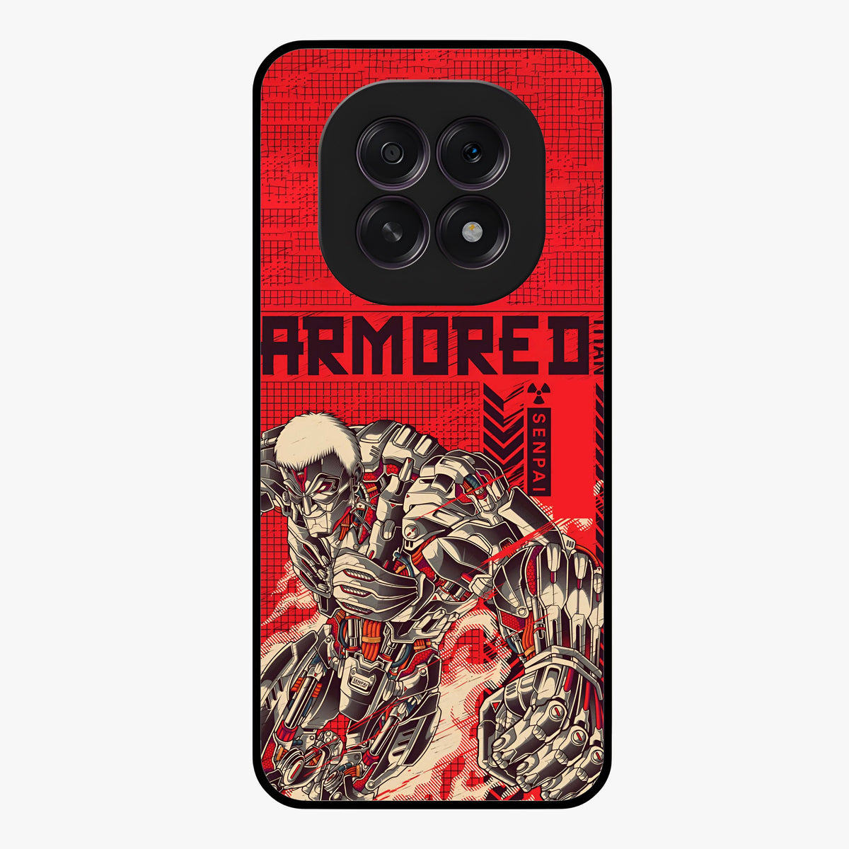 Crimson Mecha Titan Glass Case showing flat back view with powerful mech titan artwork and glossy glass finish.