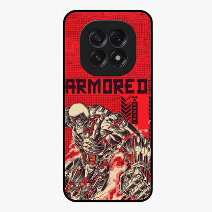 Crimson Mecha Titan Glass Case showing flat back view with powerful mech titan artwork and glossy glass finish.