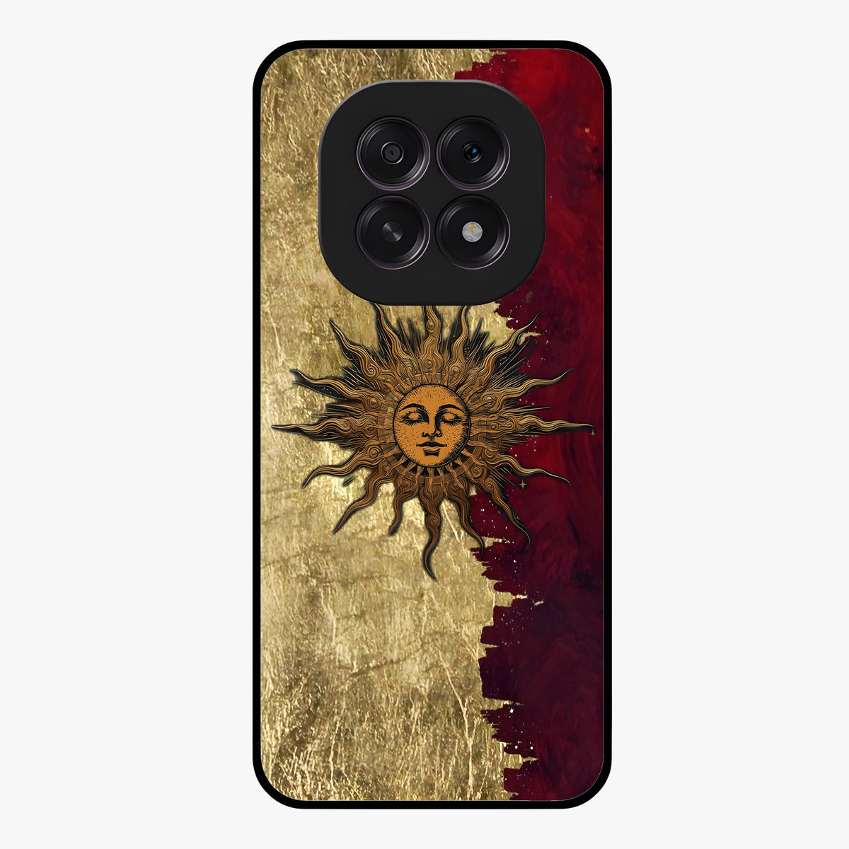 Crimson Sun Majesty Glass Case showing flat back view with radiant sun inspired artwork and glossy glass finish.