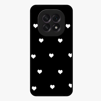 Cute And Simple White Hearts Glass Case showing flat back view with minimal white heart pattern and glossy glass finish.