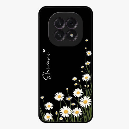 Daisy Cascade Custom Name Glass Case showing flat back view with cascading daisy flowers and personalized name design.