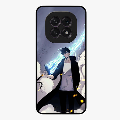 Dark Lightning Anime Warrior Glass Case showing flat back view with intense anime warrior artwork and glossy glass finish.