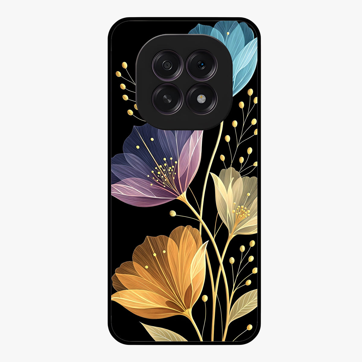 Delicate Multicolor Flowers Glass Case showing flat back view with vibrant floral artwork and glossy glass finish.