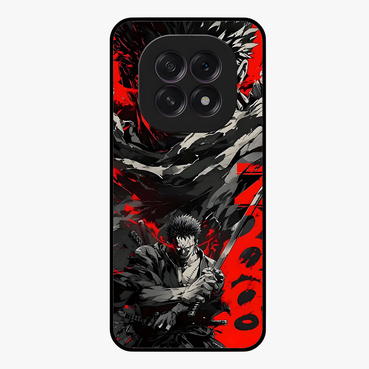 Demon Sword Resolve Glass Case showing flat back view with fierce sword warrior artwork and glossy glass finish.