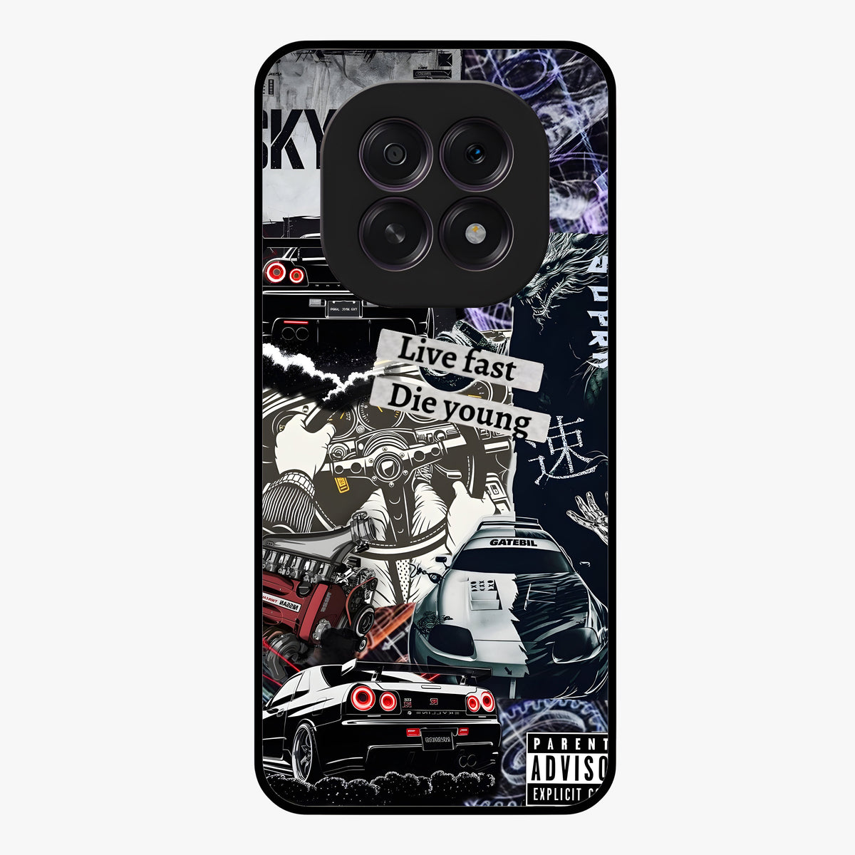 Die Young Glass Case showing flat back view with bold artistic typography design and glossy glass finish.