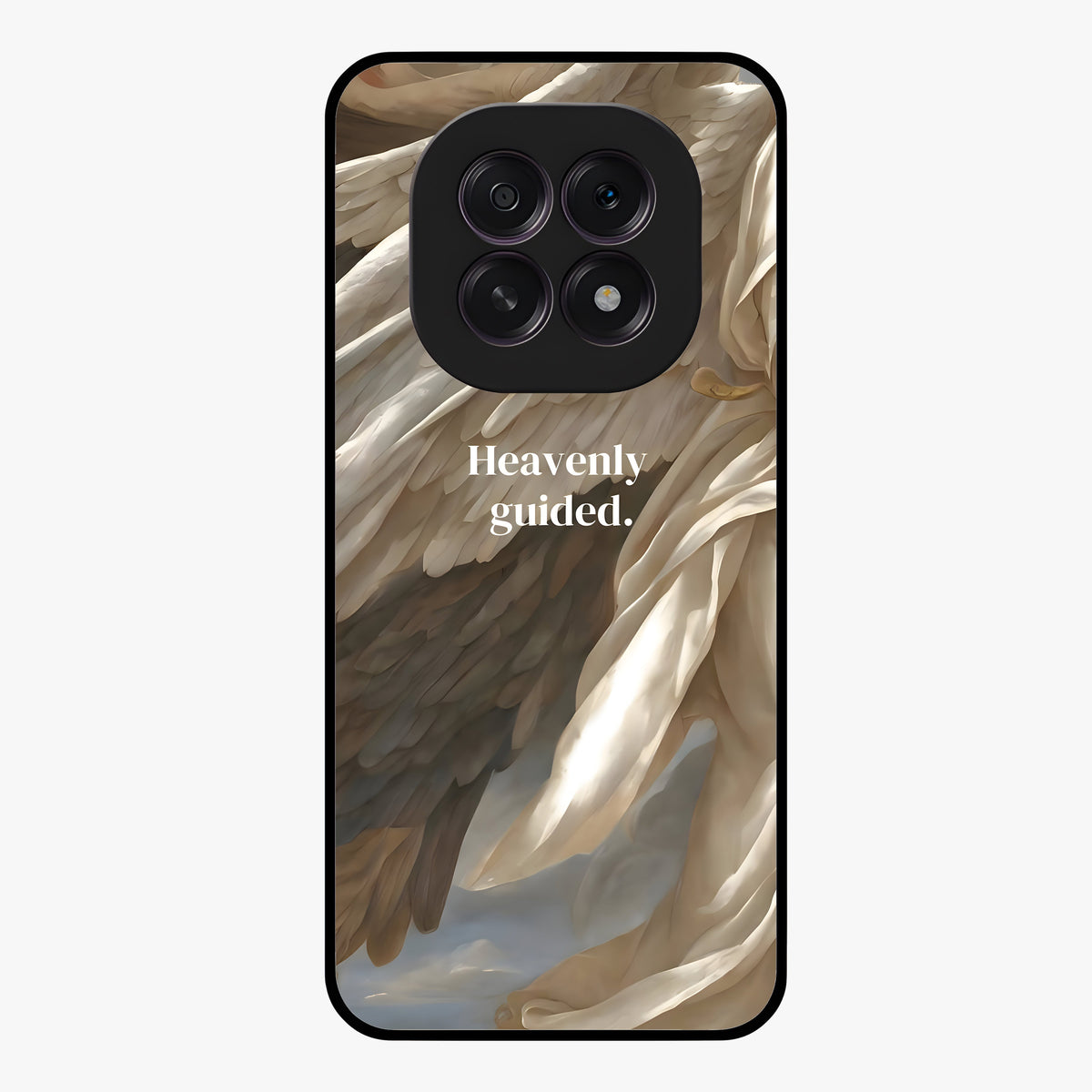 Divine Winged Grace Glass Case showing flat back view with elegant wing inspired artwork and glossy glass finish.