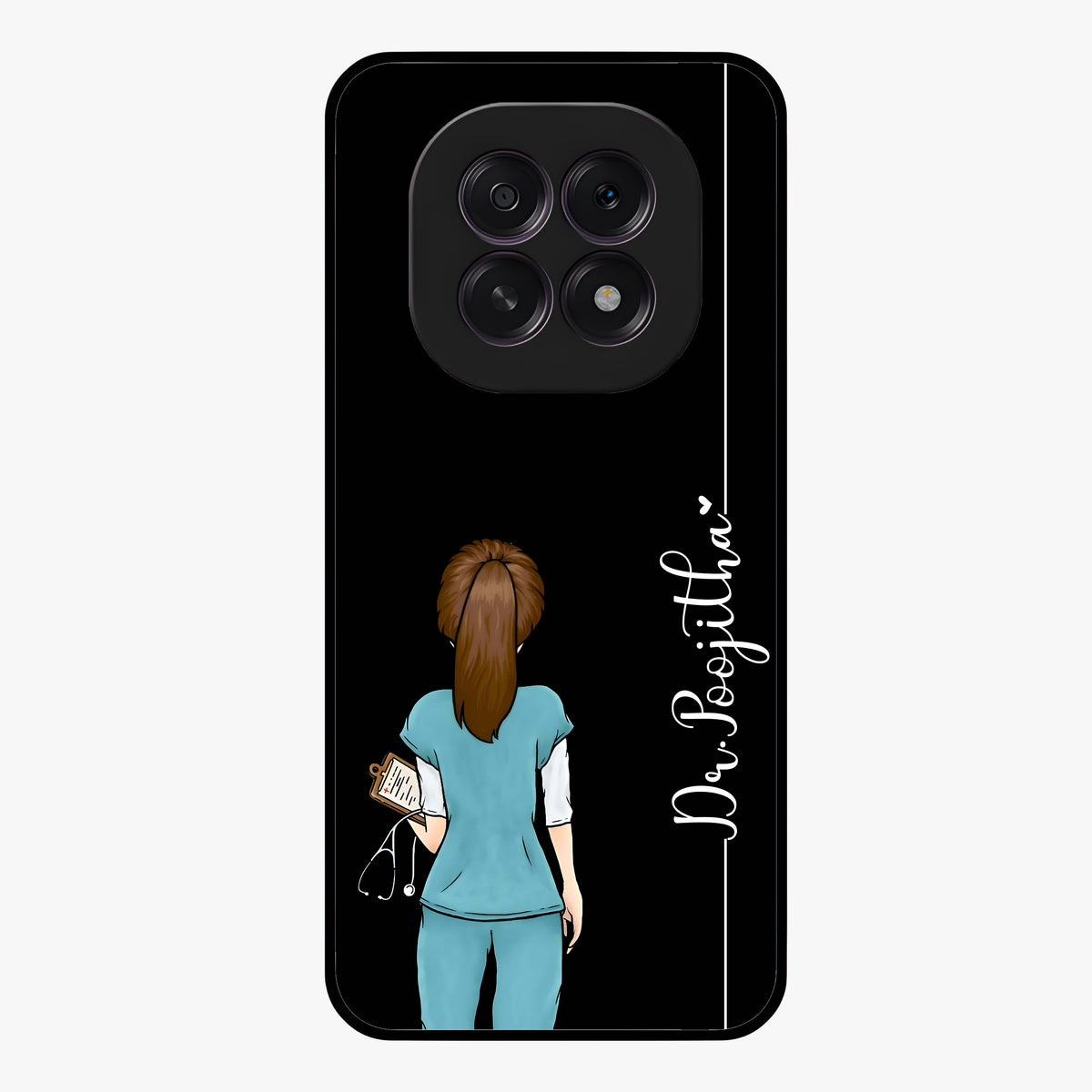 Doctor Pattern Custom Name Glass Case showing flat back view with medical themed pattern and personalized name design.