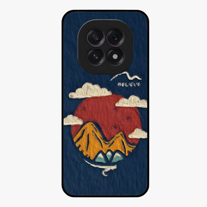 Dream Beyond Mountains Glass Case showing flat back view with scenic mountain landscape artwork and glossy glass finish.