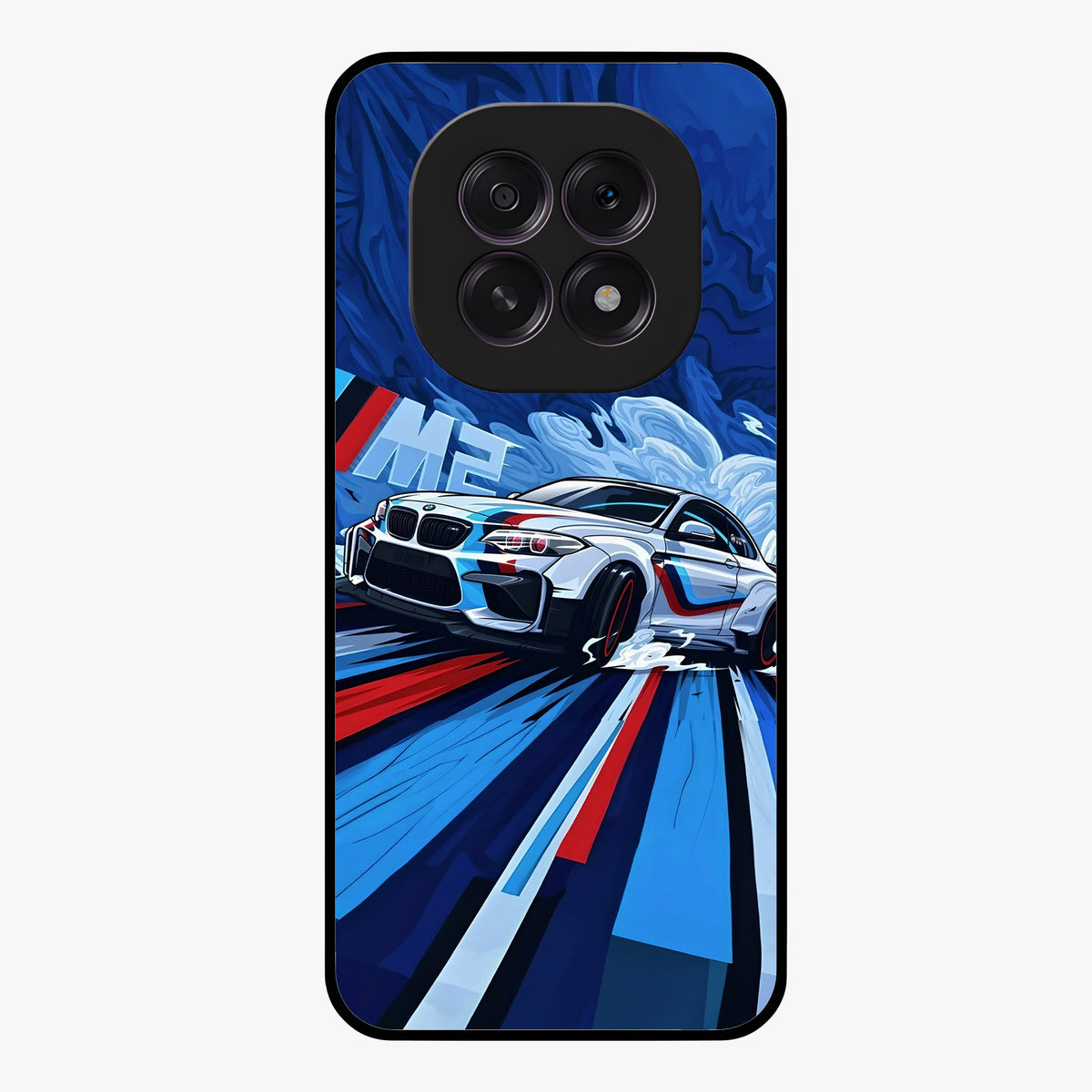 Drift Power Rush Glass Case showing flat back view with dynamic racing inspired artwork and glossy glass finish.