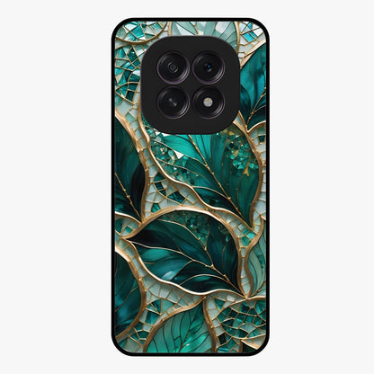Emerald Leaf Glass Glass Case showing flat back view with emerald green leaf artwork and glossy glass finish.