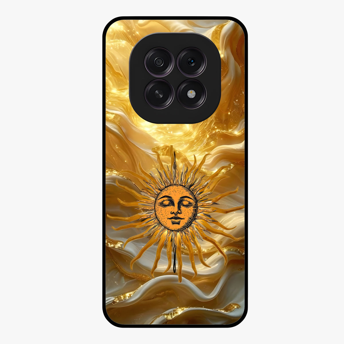 Eternal Golden Glow Glass Case showing flat back view with radiant golden themed artwork and glossy glass finish.
