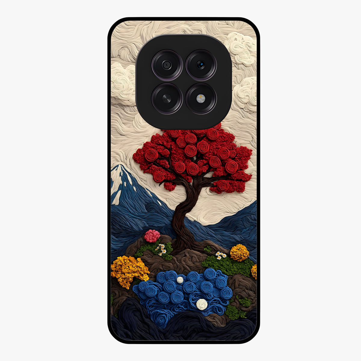 Eternal Nature Tapestry Glass Case showing flat back view with intricate nature tapestry artwork and glossy glass finish.