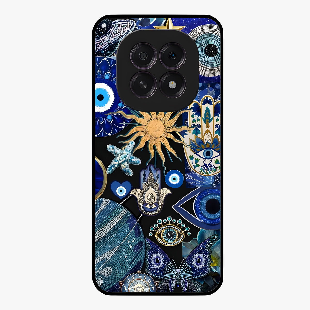 Evil Eye Charm Mix Glass Case showing flat back view with multiple evil eye charms artwork and glossy glass finish.