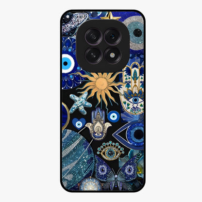 Evil Eye Charm Mix Glass Case showing flat back view with multiple evil eye charms artwork and glossy glass finish.