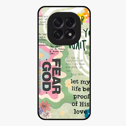 Faith Over Fear Glass Case showing flat back view with motivational typography artwork and glossy glass finish.