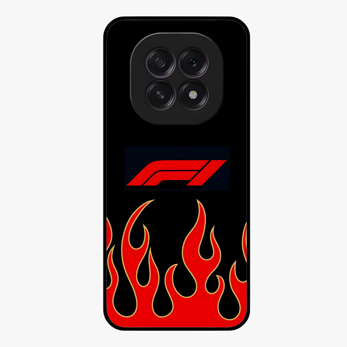 Fire F11 Glass Case showing flat back view with fiery themed artwork and glossy glass finish.