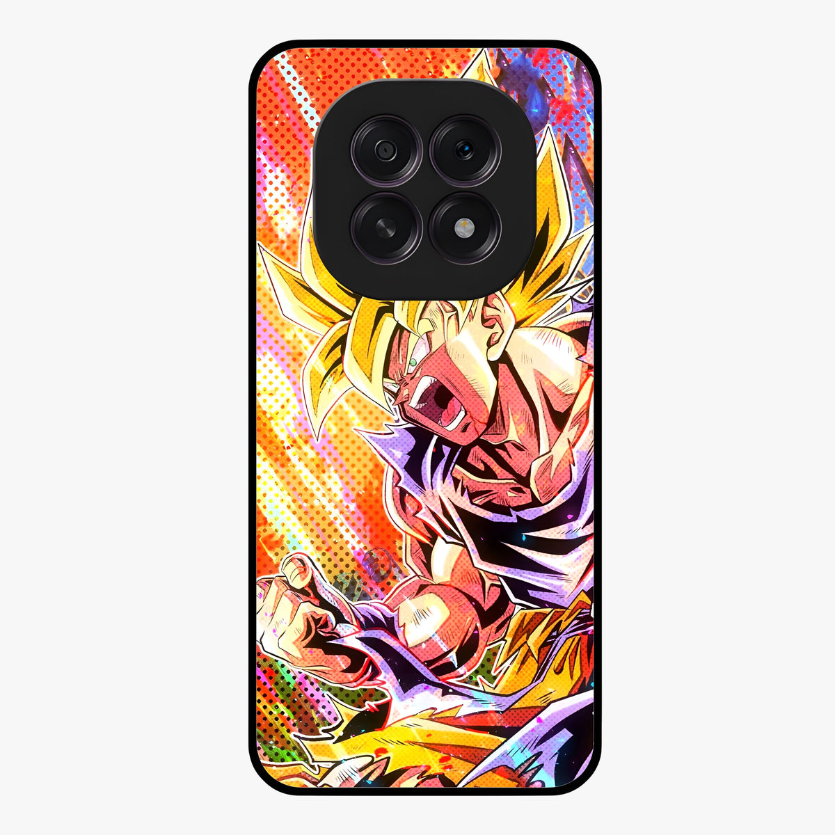 Firing Goku Glass Case showing flat back view with powerful anime inspired artwork and glossy glass finish.