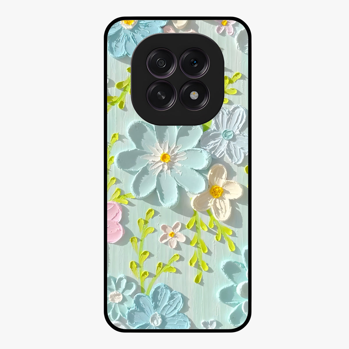 Frosted Petal Garden Glass Case showing flat back view with soft frosted floral artwork and glossy glass finish.
