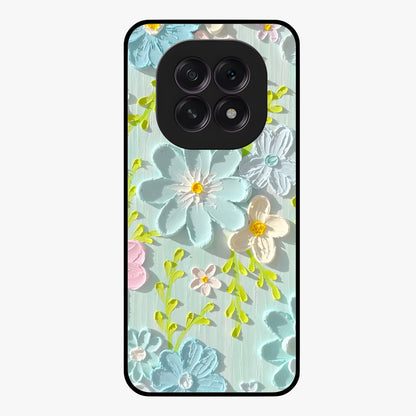 Frosted Petal Garden Glass Case showing flat back view with soft frosted floral artwork and glossy glass finish.