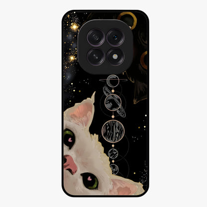 Galactic Cat Glass Case showing flat back view with cosmic cat artwork and glossy glass finish.