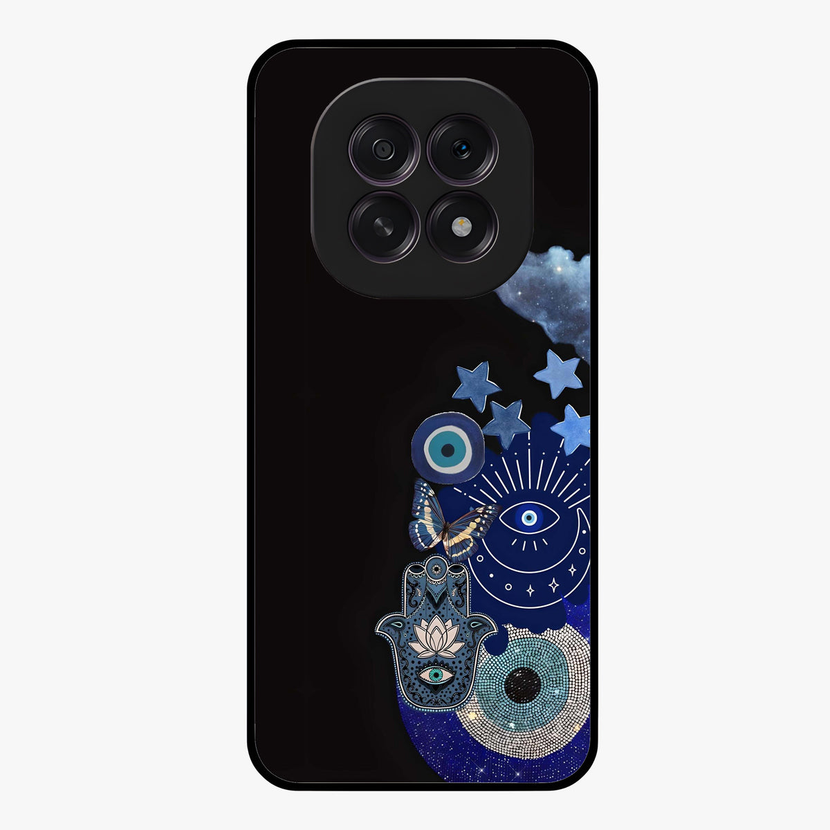 Galactic Charm Cluster Glass Case showing flat back view with glowing celestial charm artwork and glossy glass finish.